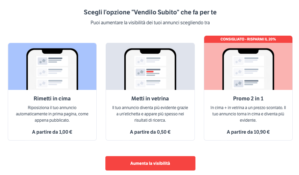 Schermata dei piani a pagamento di Subito.it